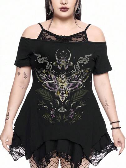 Goth Gothic Mysterious Snake Skin & Floral Print Asymmetrical Hem Off Shoulder Lace Cami Black Plus Size T-Shirt