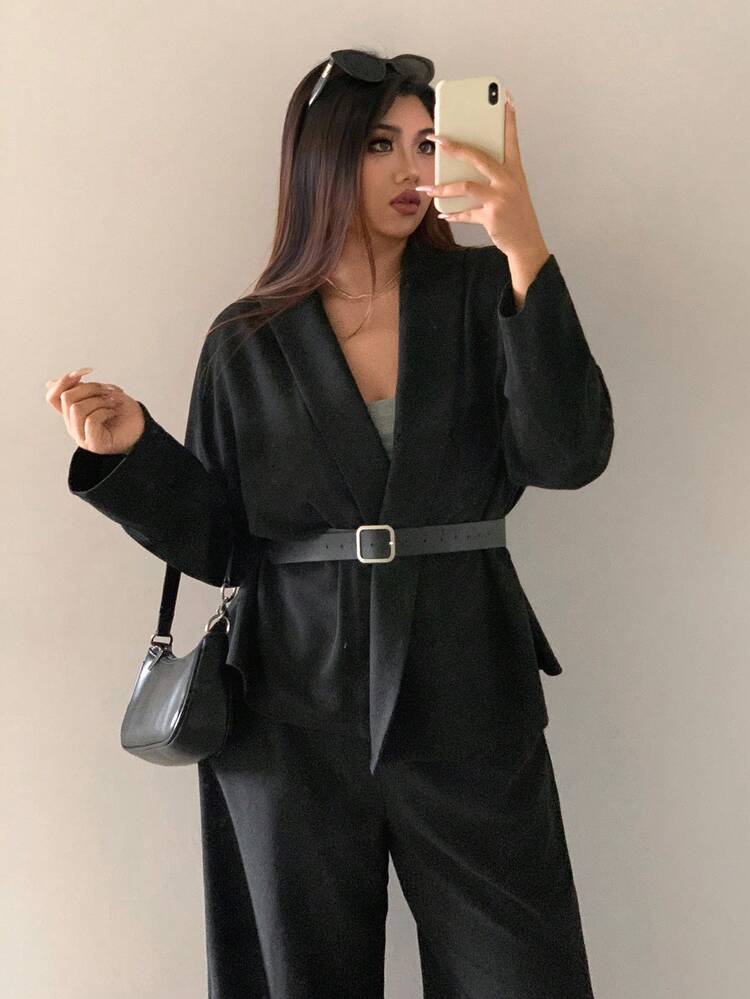 Dazy Plus 2pcs Plus Size Women Loose Cardigan Jacket And Pants Set, Elegant Casual Business Commute Outfit, Autumn Lounge Sets For Women