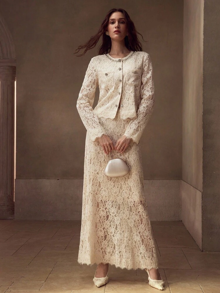 ファッショナブル、繊細、エレガントなビーズレースのセクシーなジャケットとマーメイドヘムのスカートセット(レディース)