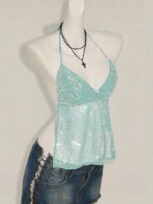 SHEIN ICON Women's Y2K Sexy Sequin Mesh Backless Halter Crop Top Light Blue Sequined Tank Top - Blue - View 10