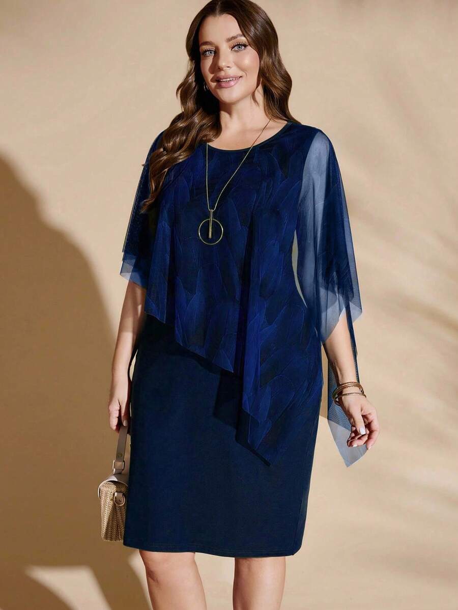 Flouryn 优雅网眼披肩拼接舒适针织二合一连衣裙，优雅大码连衣裙，春夏连衣裙