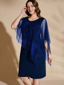 Flouryn 优雅网眼披肩拼接舒适针织二合一连衣裙，优雅大码连衣裙，春夏连衣裙