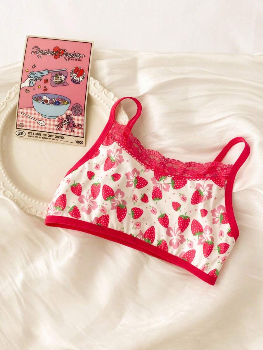 少女草莓与花卉印花撞色蕾丝内衣 - 粉色 - 查看 1