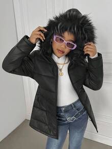 SHEIN 青少年女孩休闲仿毛领长袖棉服外套 - 黑色 - 查看 7