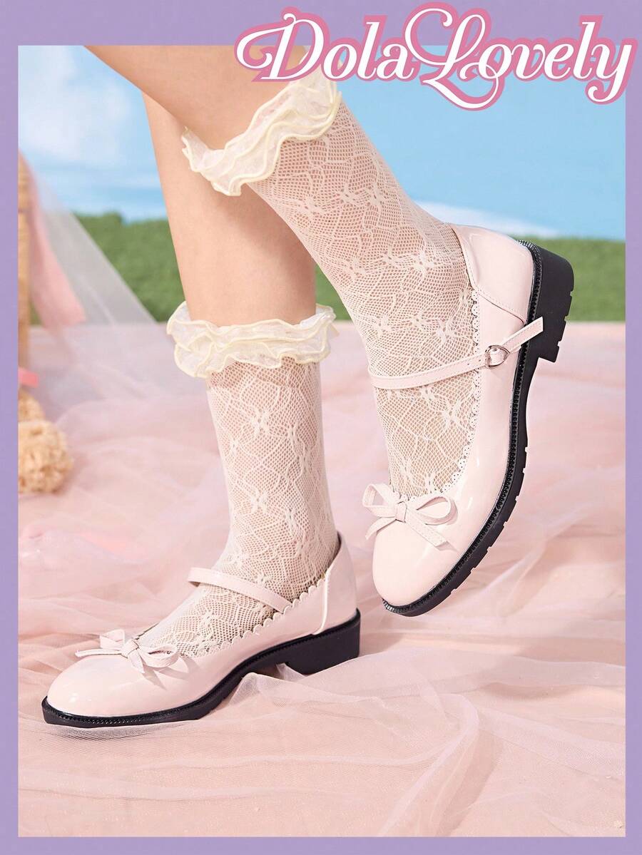 Dola Lovely Giày cao gót thanh lịch Bow Decor Mary Jane - Màu Hồng baby - Xem 1