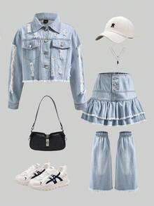 青春期女孩三件套：破洞牛仔夹克、休闲牛仔裙和喇叭牛仔腿袖 - 街头风格 - 淺色水洗藍 - 查看 1