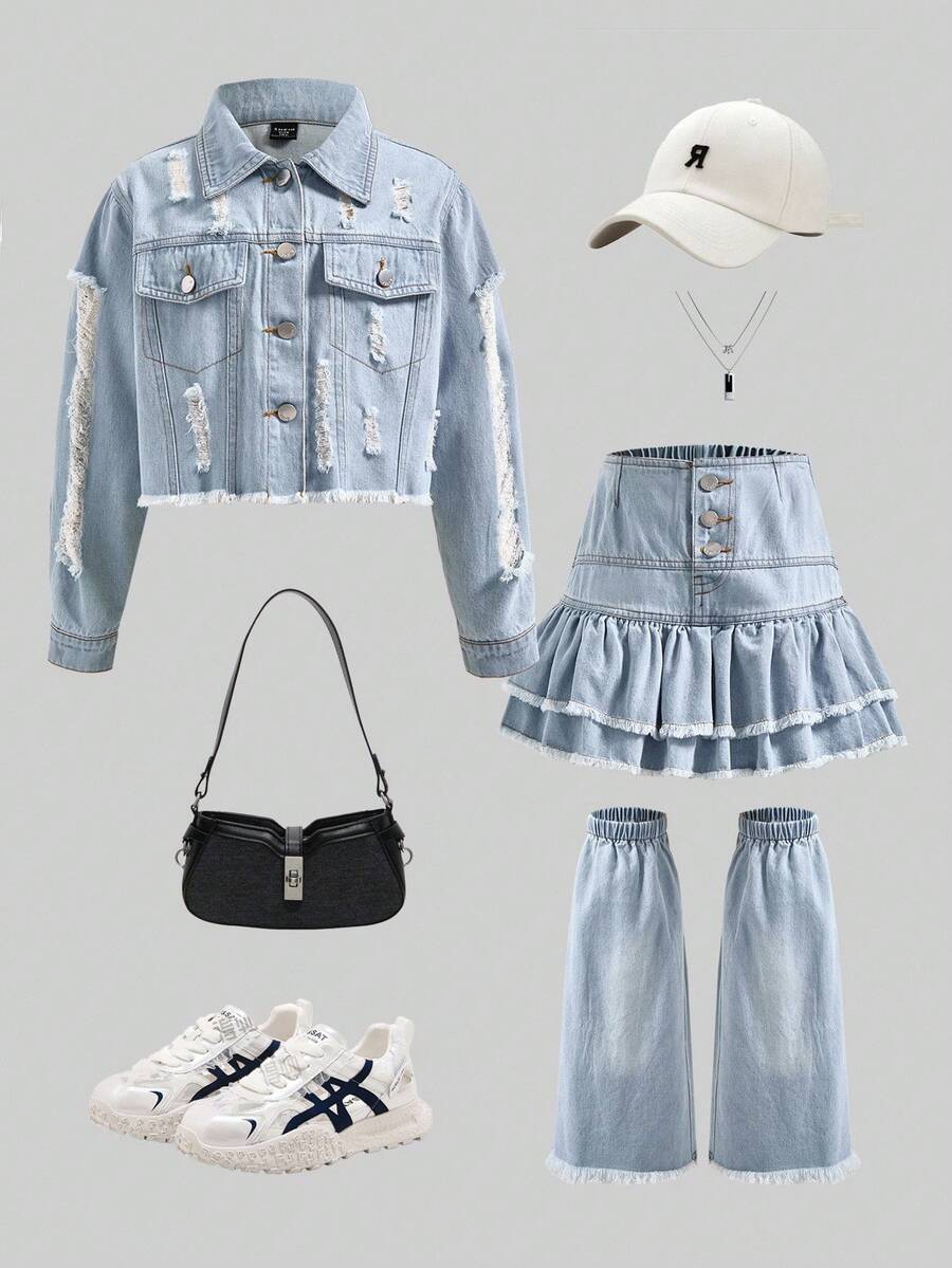 青春期女孩三件套：破洞牛仔夹克、休闲牛仔裙和喇叭牛仔腿袖 - 街头风格 - 淺色水洗藍 - 查看 1