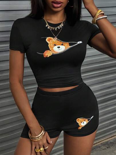 Rovax 3d熊印花t恤和短褲休閒2件套裝