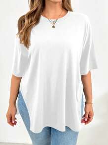 SHEIN Essnce Camiseta básica de manga corta con abertura en el bajo, estilo sencillo, para salir, aeropuerto, verano europeo, para mujeres de talla grande, de primavera y verano, moda casual, suelta y cómoda - Blanco - Ver 4