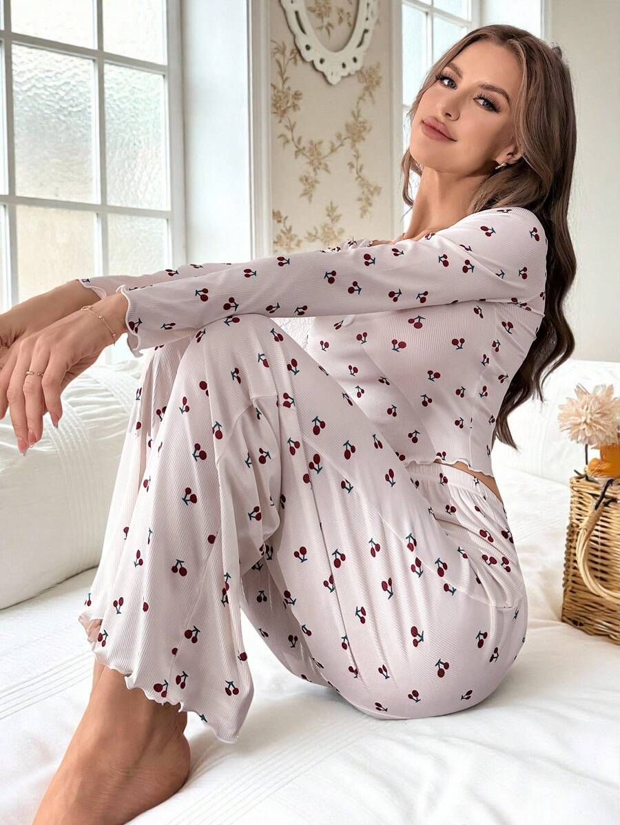 CottageSlumber Cherry Print Half-Buttoned Long Sleeve Top And Pants Pajama Set Holiday Season Bountiful Floral Splendor, Fall Winter Clothes Cozy And Elegant Details - Apricot - View 1
