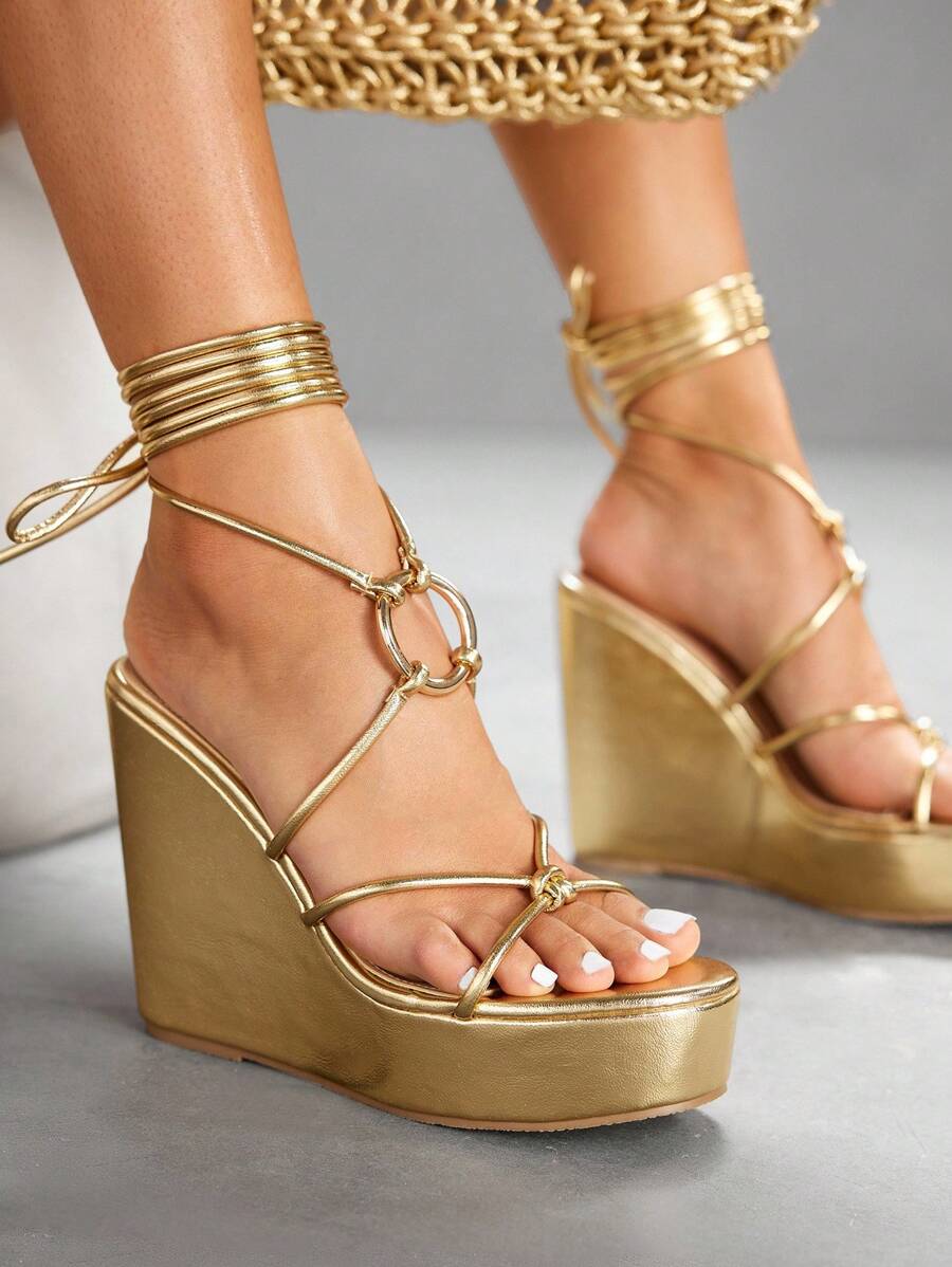 CUCCOO SZL Giày sandal cao gót đế xuồng thời trang cho nữ, thích hợp cho mùa hè, Giáng sinh và mùa xuân. - Vàng - Xem 1