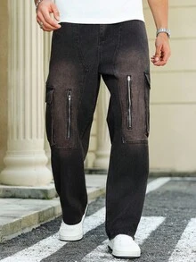 Manfinity Roughcore Men's Plus Size  American Streetwear Loose Fit Cargo Jeans With Stylish Design Black Cargo Jeans - Black - View 4