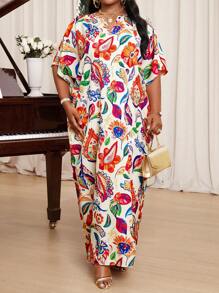 SHEIN Lady Große Größen elegantes Kleid mit floralem Allover-Muster und Fledermausärmeln