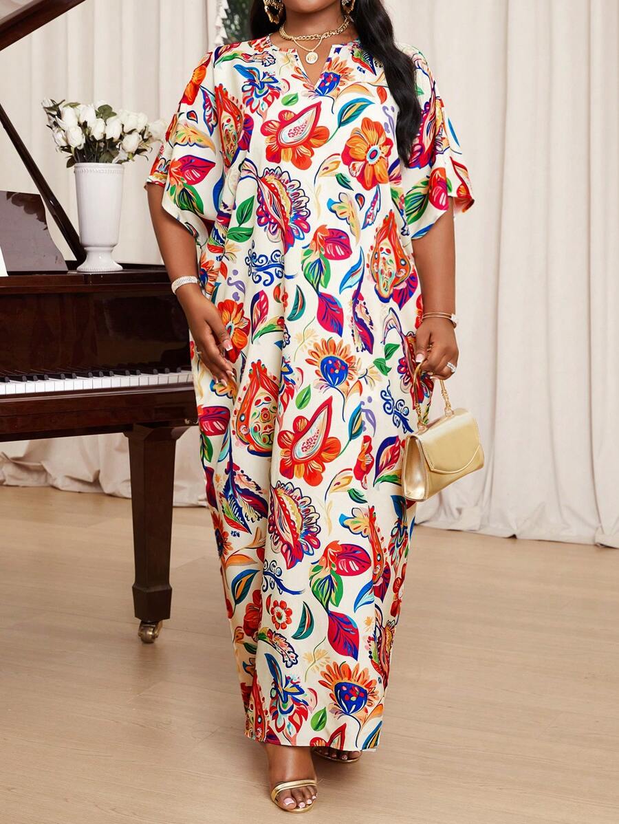 SHEIN Lady Große Größen elegantes Kleid mit floralem Allover-Muster und Fledermausärmeln