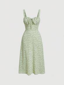 SHEIN MOD Ditsy Floral Print Tie Front  Ruched Bust Valentine Day  Green Cami Dress,Summer Dresses For Women,Tea Party Dress,Pastel Dresses For Women - Pastel Green - View 1