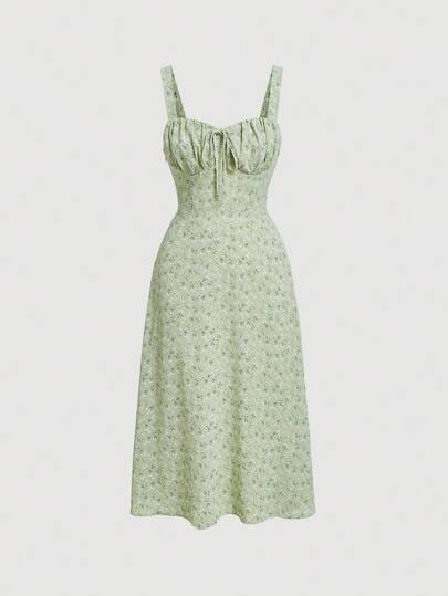 SHEIN MOD Ditsy Floral Print Tie Front  Ruched Bust Valentine Day  Green Cami Dress,Summer Dresses For Women,Tea Party Dress,Pastel Dresses For Women