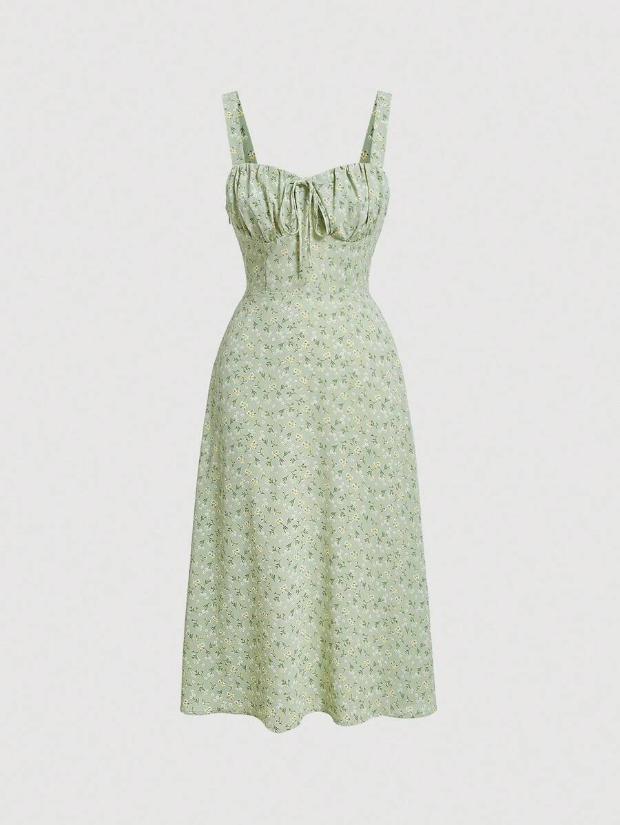 SHEIN MOD Ditsy Floral Print Tie Front  Ruched Bust Valentine Day  Green Cami Dress,Summer Dresses For Women,Tea Party Dress,Pastel Dresses For Women - Pastel Green - View 1