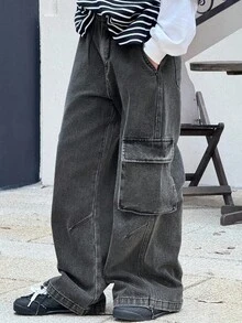 DAZY Tween Girls' Cargo Pocket Wide Leg Loose Casual Versatile Jeans - Grey - View 3