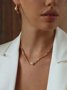 Opalesca 1pc Pearl/Mother Of Pearl, Metallic, Beaded Necklace - Casual, Work, Elegant, Luxury, Cute, Wedding, Sexy, Vacation, Y2K, For Mom, Women, Girl, Fall, Autumn, Winter, Festival, Holiday, Vacation, Old Money, Halloween,For Mom/Women/Girl/Mother,Fall/Autumn/Winter,Outfits,Charm Necklace,Old Money,Premium,Pearl,Elegant,Fairycore/Fairy - Gold - View 1