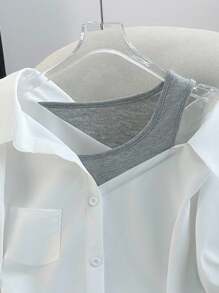 Franclia Quần áo nữ mùa thu Áo sơ mi trắng thông thường dành cho nữ có dây áo hai dây giả, áo trễ vai tay lửng 2 trong 1, thời trang đi làm thanh lịch, thích hợp cho tiệc tùng, áo trễ vai công sở, quần áo trắng toàn bộ cho trường đại học áo cánh trắng - trắng - Xem 4