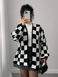 Elenzga Gothic Academia Check Detail Halloween Autumn/Winter Fashion Casual Color Block Checkerboard Patchwork Women Loose Fit Plus Size Cardigan, Outerwear Suitable For Outing, Vacation, Party Black And White Checkered Cardigan