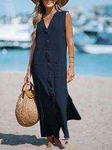 SHEIN LUNE Đầm Maxi Không Tay Cổ Chữ V, Cài Nút, Túi, Xẻ Tà, Trang Phục Nữ - Màu xanh hải quân - Xem 4