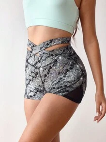 Menodora SHEIN Sport Short de sport pour femmes avec texture métallique, motif peau de serpent et découpes croisées - Rose vif - Voir 6