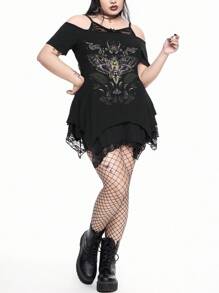ROMWE Goth 哥特式神秘蛇皮与花卉印花不对称下摆露肩蕾丝吊带黑色加大码 T 恤 - 黑色 - 查看 4