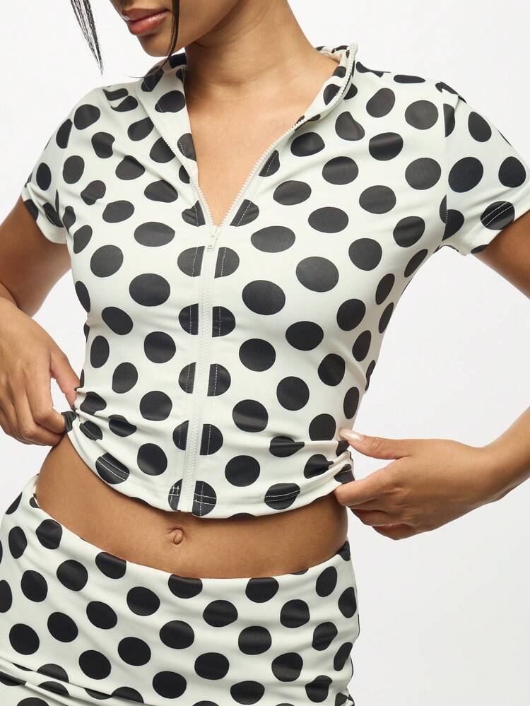 SUMWON WOMEN Polka Dot Zip Through Crop Top With Collar