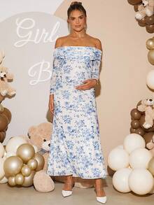 Loomaby Váy bầu tay dài hở vai họa tiết hoa thanh lịch - Xanh và trắng - Xem 6