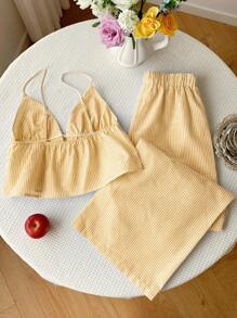 Comfortcana 2件套黄色条纹梭织女士度假休闲套装 - 黃色 - 查看 2