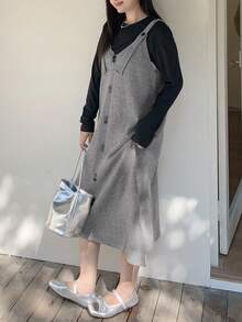 Dazy Plus Plus Size Women Button Decor Suspender Long Sweater Dress, Casual Solid Color, Autumn/Winter