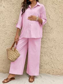 SHEIN 秋季服装，秋季服装，孕妇装秋季服装孕妇纽扣衬衫领上衣和可调节腰部阔腿裤宽松孕妇两件套孕妇装两件套纯棉两件套夏季裤子套装阔腿裤套装条纹孕妇裤套装女士夏季套装 - 粉色 - 查看 4