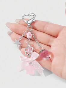 ROMWE Kawaii 1 件时尚精致百搭优质银链星形树脂花草莓圆点丝带蝴蝶结星形吊坠 DIY 钥匙扣包饰，适合女士/女孩日常佩戴，节日礼物 - 粉色 - 查看 2