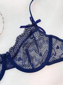 心蕾絲鋼圈吊帶襪內衣套裝帶1雙腿圈 - 藏蓝色 - 查看 4