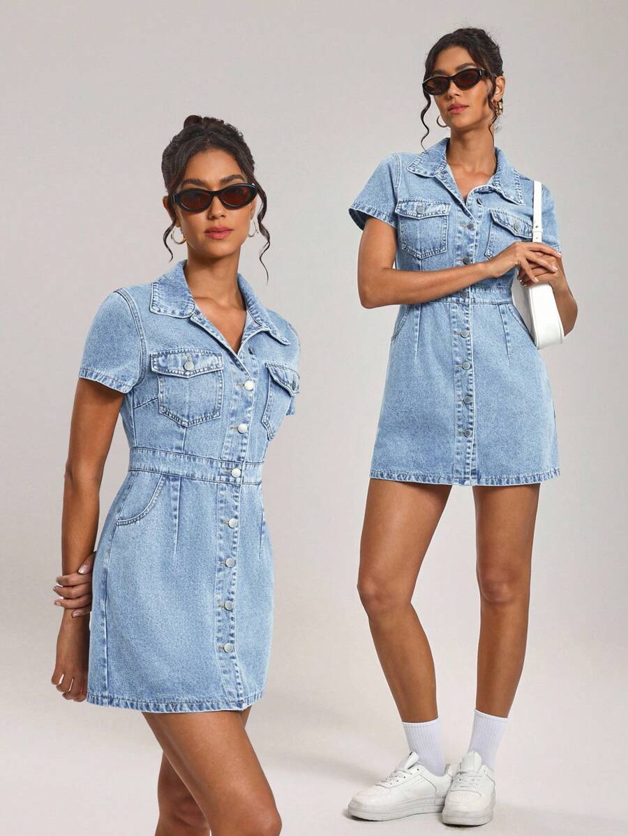 SHEIN Tall Women's Casual Front Button Denim Dress, Summer