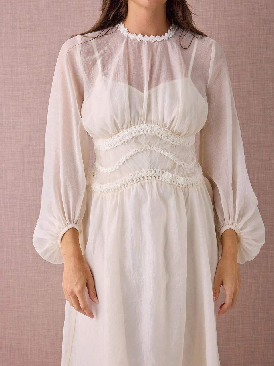 Enchnt Women's Elegant Off White Long Sleeve Waist Cinched Mid-Length Dress, Autumn Tea Party Sweet&Elegant For Graduation,Wedding Guest&Prom Dress