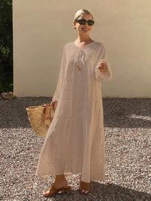 DAZY Đầm maxi nữ dáng rộng, thoải mái, chất liệu vải lanh, thích hợp cho mùa hè. - Màu Khaki - Xem 4