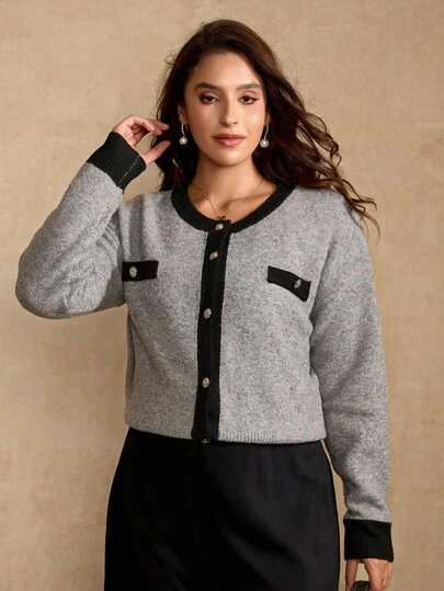 Flirla Plus Size Women Gray Knitted Cardigan, Casual & Commuting, Autumn/Winter New Arrival Fall Cloth For Women