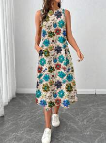 SHEIN LUNE Đầm nữ dáng lửng cổ tròn họa tiết hoa, thích hợp cho mùa xuân/hè, đầm thường ngày cho nữ, đầm thanh lịch in hoa, đầm midi in hoa, đầm in họa tiết hoa, quần áo nữ, đầm mùa thu cho nữ, đầm thường ngày. - Nhiều màu - Xem 3