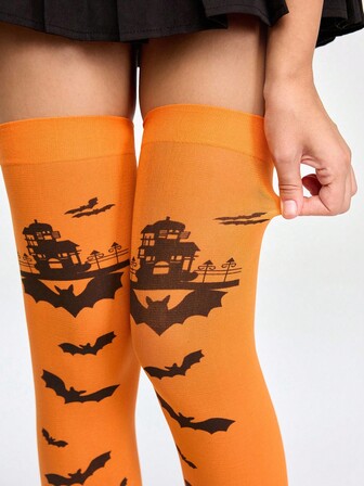 Grunge Punk Damen Halloween Mode Fledermaus Muster Überknie Socken