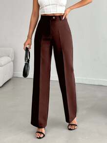 EURMUSE Pantaloni drepți pentru femei cu talie înaltă și culoare solidă elegantă, cu nasturi și fermoar - Maro - Vizualizare 5