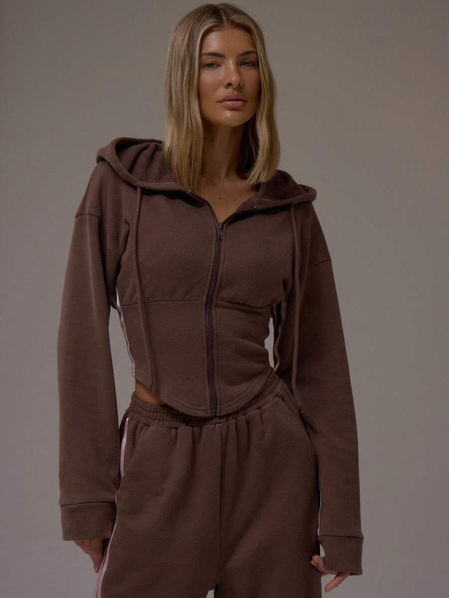 MUSERA Balloon Sleeve Contrast Pipping Cinched Waist Hooded Sweatshirt Casual, Airport, Loungewear, Back To School, Fall  Lounge Winter Spring Summer Vacation - Brown - View 1