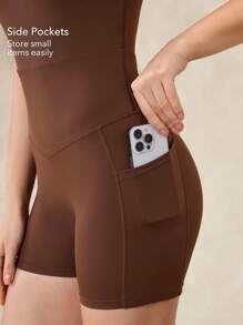 OutZeal Cool Touch Soft Full Underarm Square Neck Jumpsuit Removable Cups Low Impact Cycling Pilates Gym - Coffee Brown - View 5
