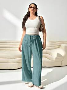 SHEIN EZwear Women's Plus Size Loose Woven Teal Blue Pants Wide Leg Pants For Women Women Wide Leg Pants Plus Size Wide Leg Pants Loose Pants For Women Flowy Pants