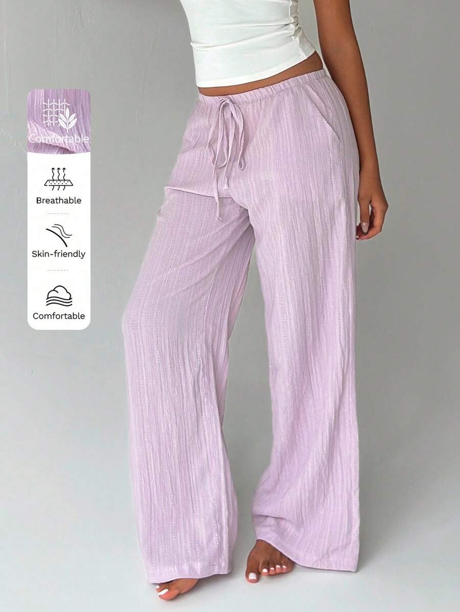 FavEase Women's Solid Color Drawstring Waist Pockets Casual Versatile Long Pants - Baby Pink - View 1