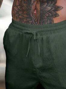 Manfinity Homme 休闲时尚百搭纯色简约抽绳男式裤子 - 軍綠色 - 查看 4