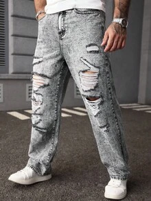 Manfinity LEGND Plus Size Men's Gray Washed Mature Street Style Personalized Ripped Design Straight Jeans - Grey - View 4