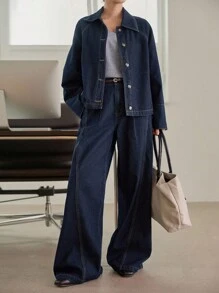 Dazy-Less 女士休闲商务牛仔套装，条纹袖口，拼色，宽松版型，长袖，适合秋冬季，秋季女装 - 深色水洗藍 - 查看 4