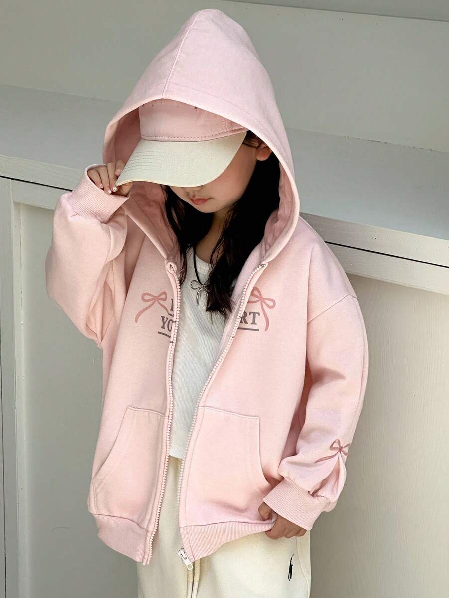 DAZY Young Girls Hooded Korean Style Bow Print Casual Long Sleeve Sweatshirt, Spring/Autumn - Dusty Pink - View 1